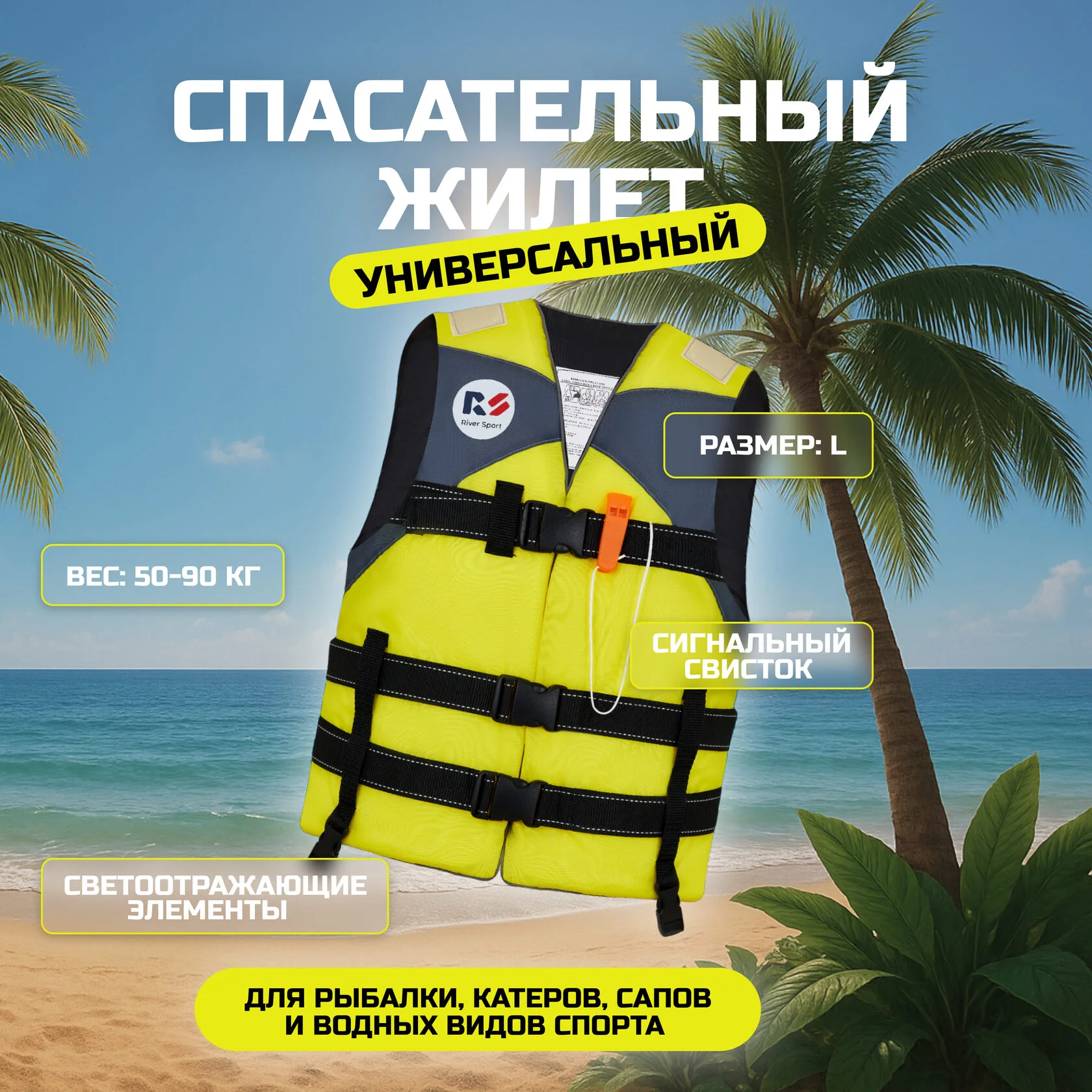 Спасательный жилет RS взрослый, желтый (размер L, 50-90 кг)